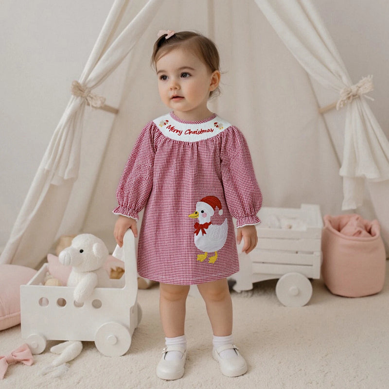 Merry Christmas, Ducky! Checked Smocked Dress