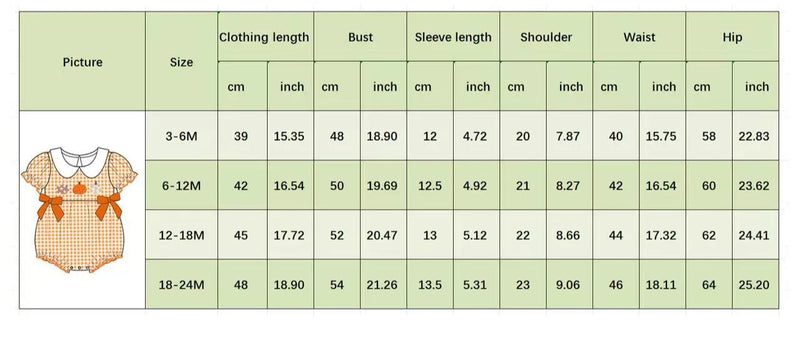 Size chart for Gingham Cutie Baby Pumpkin Romper, detailing measurements for various baby sizes.