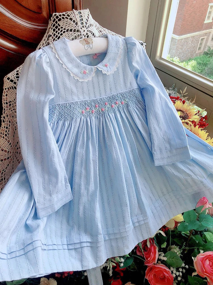Embroidered Long-Sleeved Smocked Dress - Precious Blue