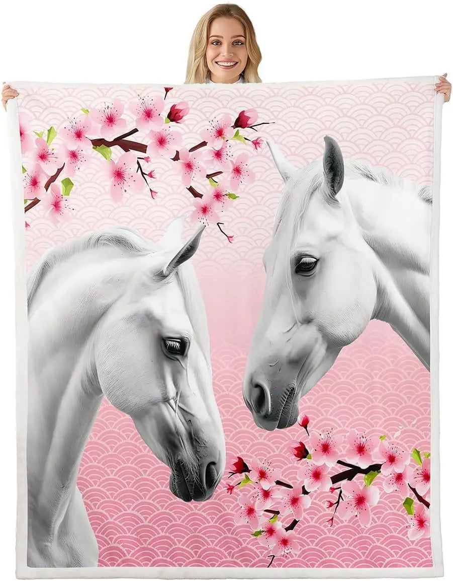 Jungle Rumble double-sided children's blanket with two white horses and pink blossoms, spring/fall design.