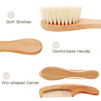 1/2/3PCS wooden baby-to-toddler brush and comb with soft bristles, comfortable handle, arc-shaped corners.