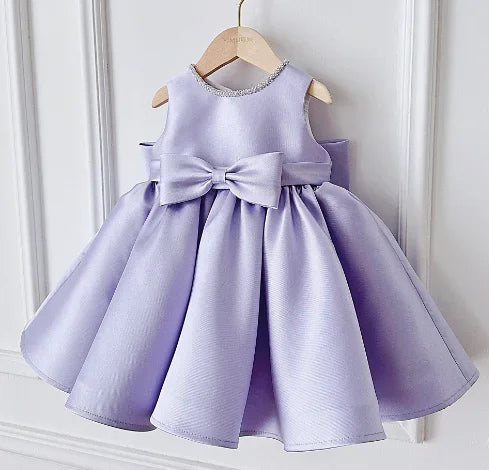 Patience Marie lavender beaded dress for girls; sleeveless satin knee-length with bow at waist.