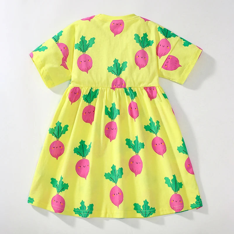 Back view of the Little Cutie fun print dress for girls displaying the sunny yellow fabric adorned with pink radishes.