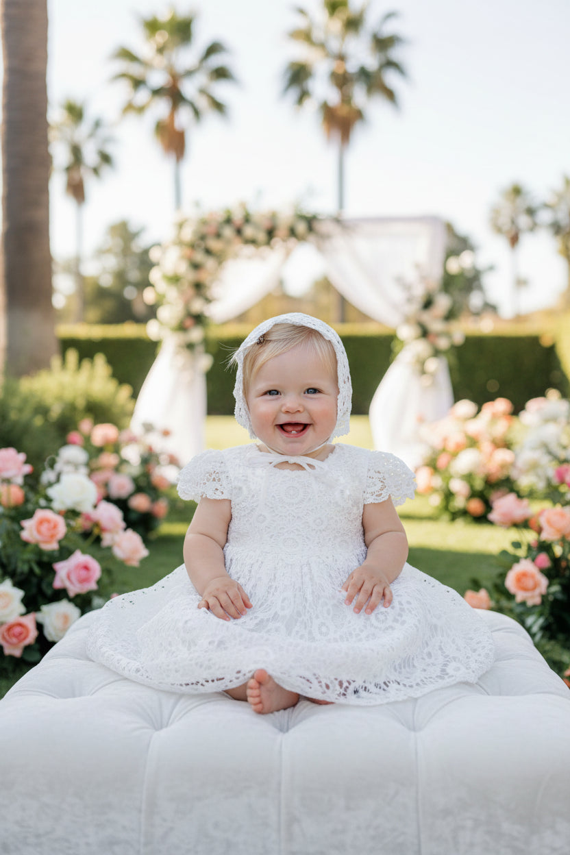 Analee White Lace Baptism Dress With Bonnet for Ages 3 to 24 Mos, showcasing elegant design and delicate cap sleeves, perfect for special occasions as a white lace baptism dress.