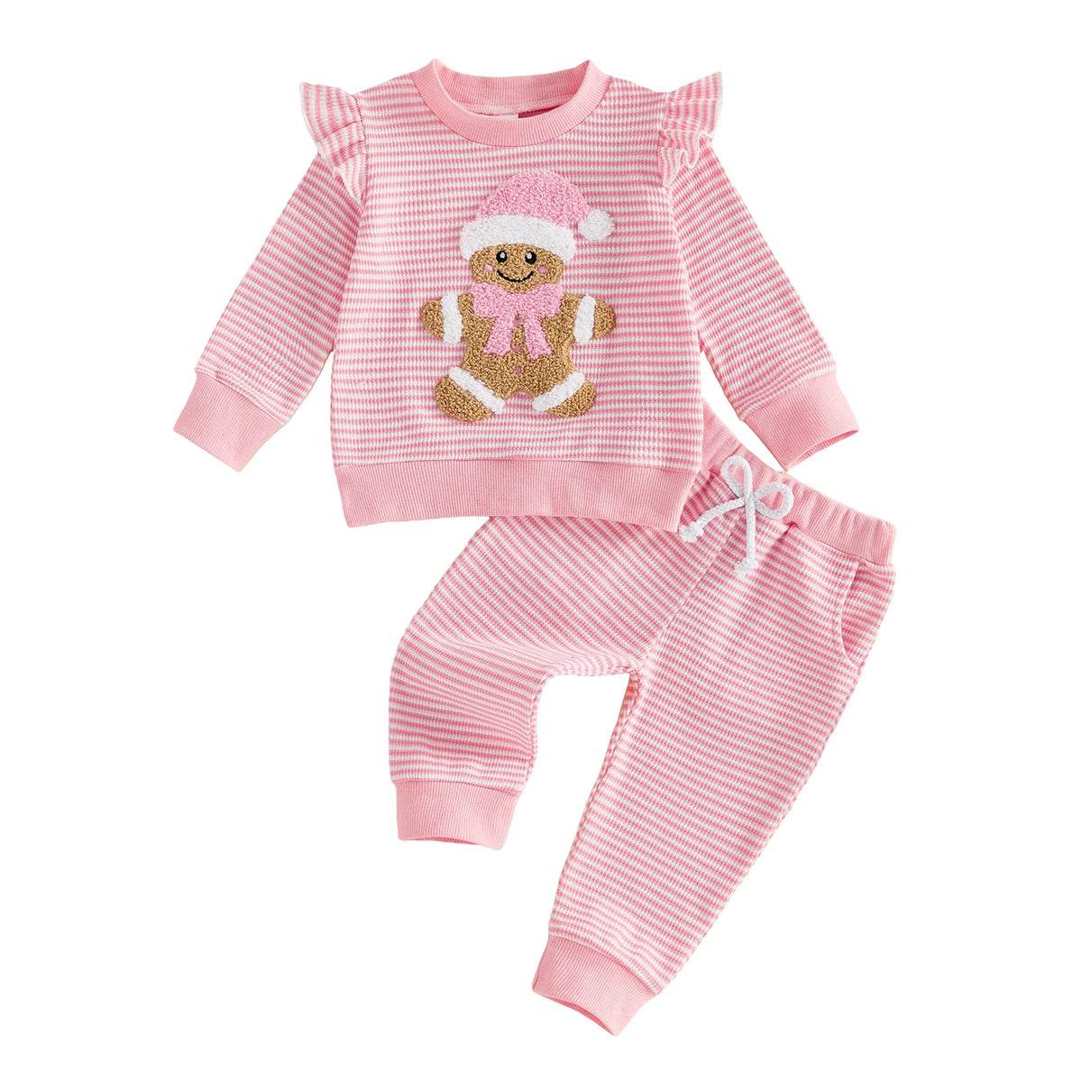 Pink and white striped waffle knit Christmas outfit for girls featuring a gingerbread baby applique, ruffle sleeve pullover, and matching drawstring pants.