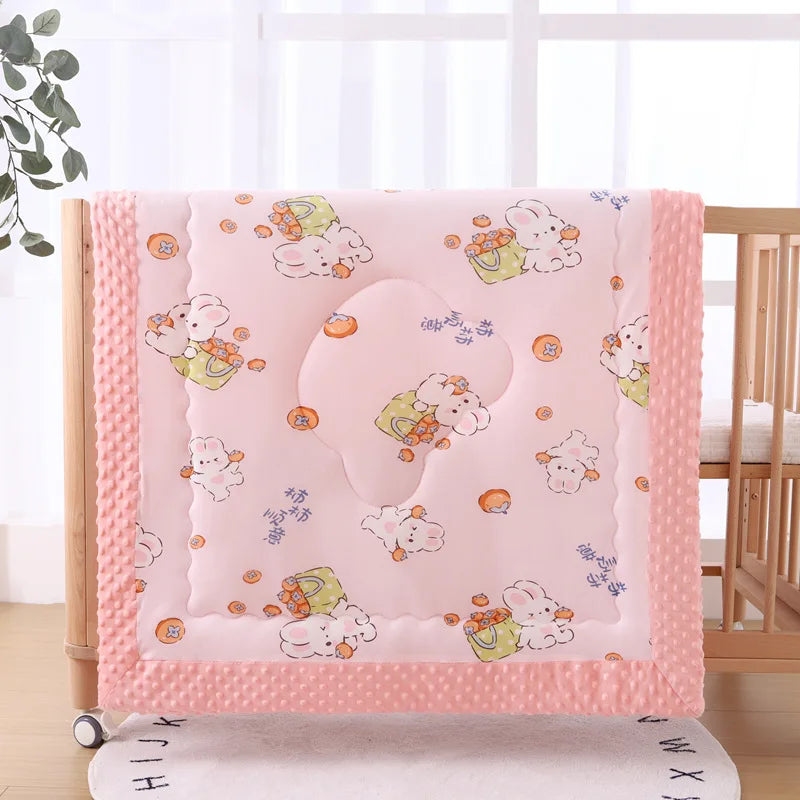 Winter Muslin Patterned Quilt for Children, 95x95 cm, pink two-sided with raised dots on one side and cute pattern.
