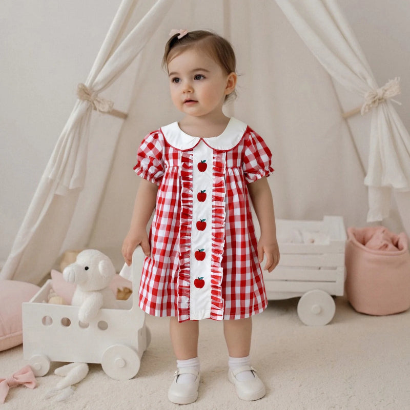 "An Apple a Day" Embroidered Checked Dress