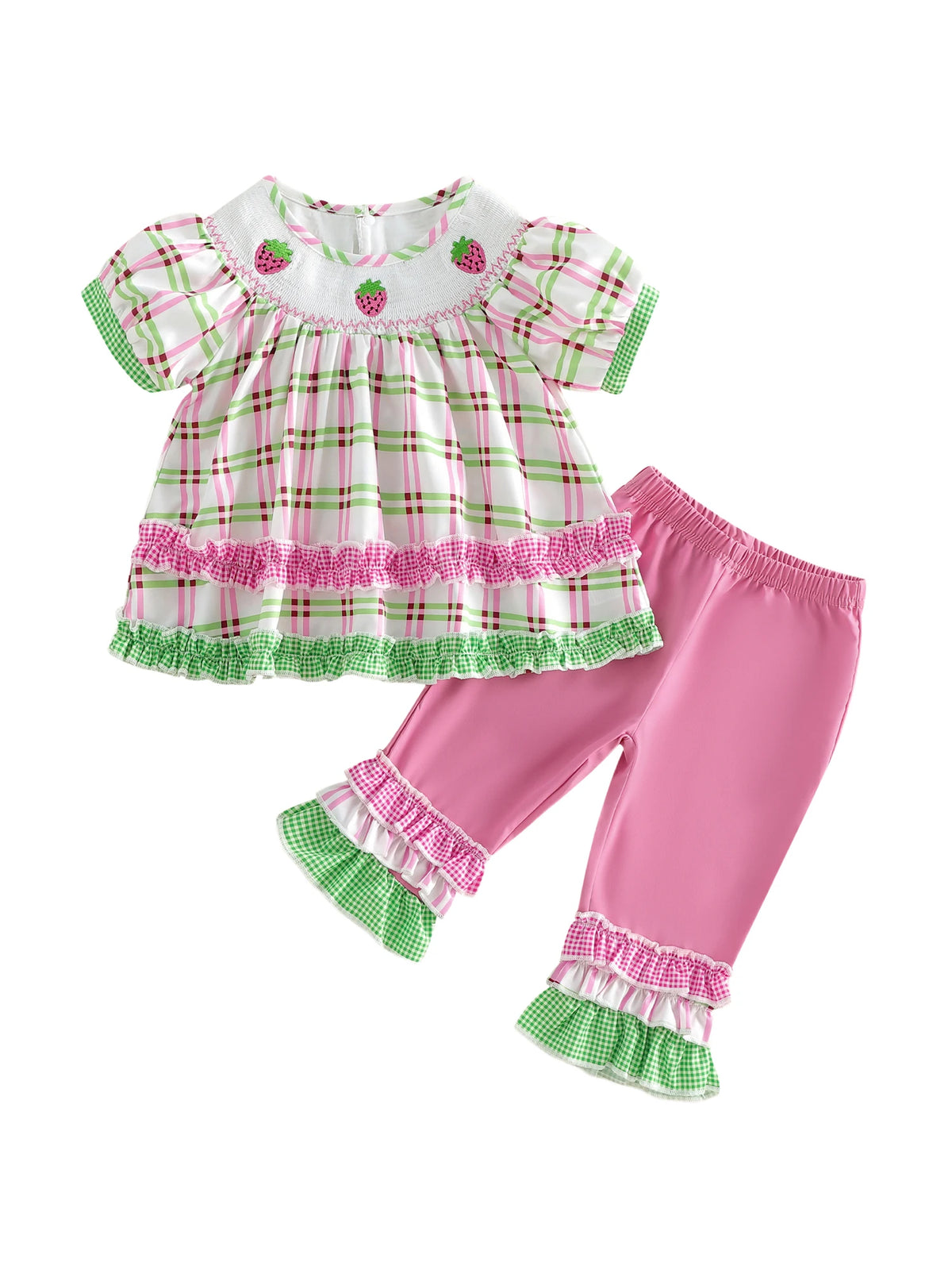 Frilly boho plaid two-piece set for little girls with embroidered strawberry accents on top and pink ruffle-trim pants