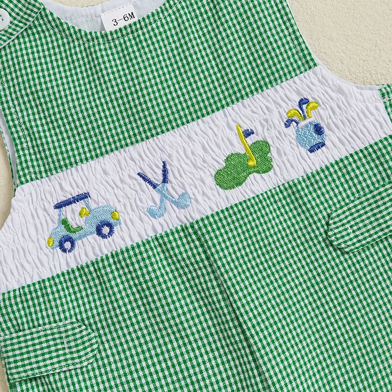 "Golfing Baby" Green Checked Romper