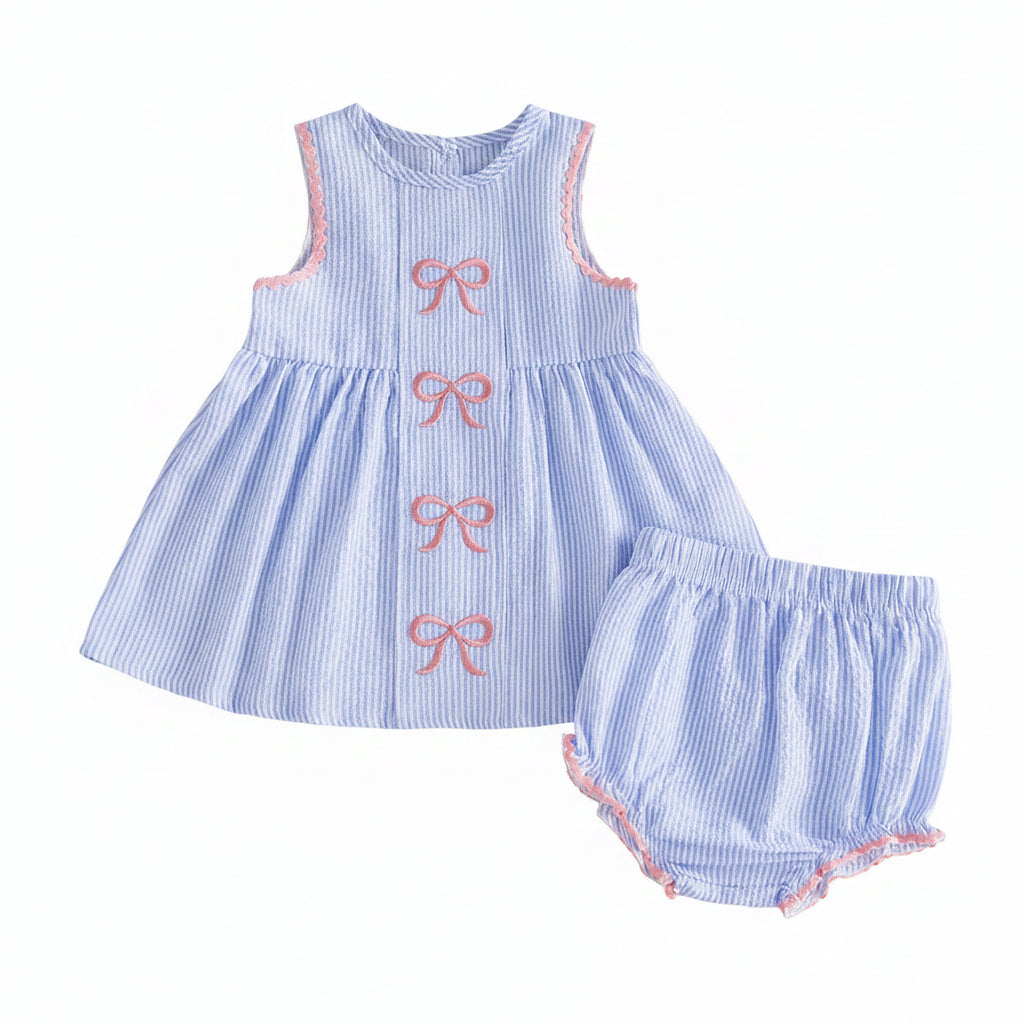 Little Bows Seersucker Embroidered Dress and Bloomer Set with pink Palm Beach bows and matching bloomers