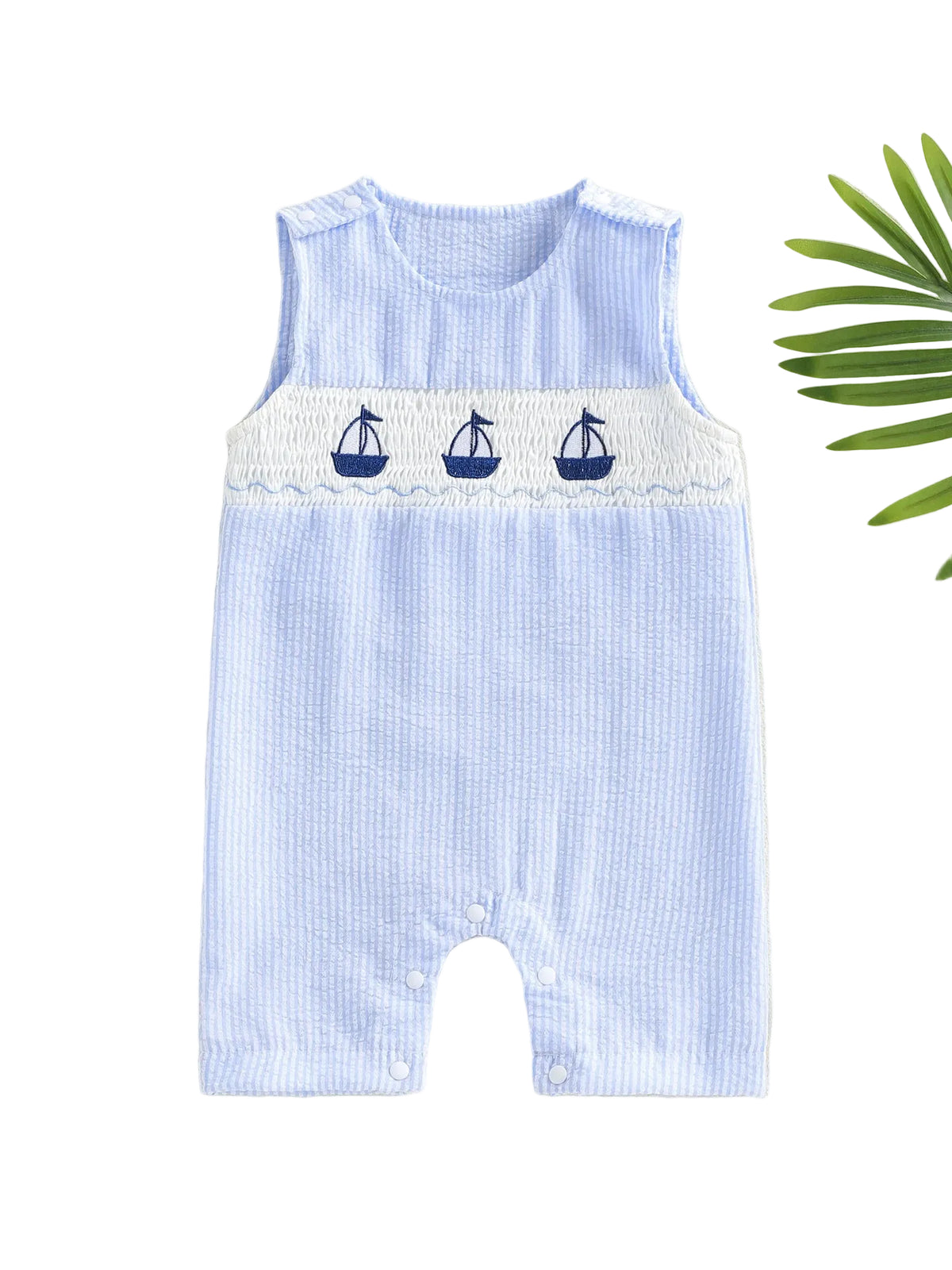 Blue striped baby romper with sailboat design on a beige background