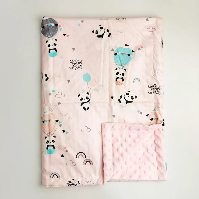 Pink baby minky blanket featuring pandas in hot air balloons, rainbows, and "don't forget to play" text. Ultra-soft, durable 100x75cm gift for infants.