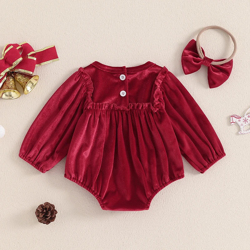 Back view of the deep red Velvet and Frills Holiday Baby Bubble Set, showcasing button details and frilly design for holiday festivities.