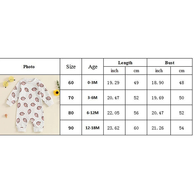 Size chart for the Fun 'Football Cutie' Baby Romper With Football Print, detailing dimensions for various age groups from 0-18 months.