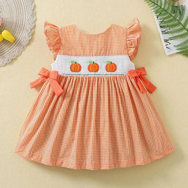 "My Little Pumpkins" Pumpkin Embroidered Dress -Flutter Sleeves - 2 Cute Colors - The Palm Beach Baby