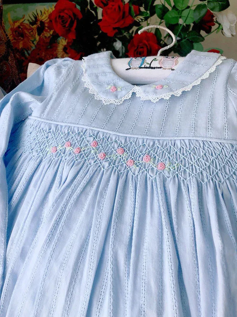 Embroidered Smocked Dress in Blue with Lace Accents and Peter Pan Collar - The Palm Beach Baby