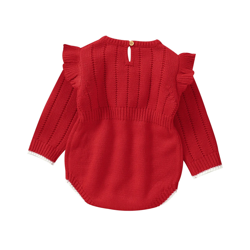Back view of the Bowtie Cutie Long Sleeve Knitted Bubble in Holiday Red showcasing the frilly shoulder details and button closure.