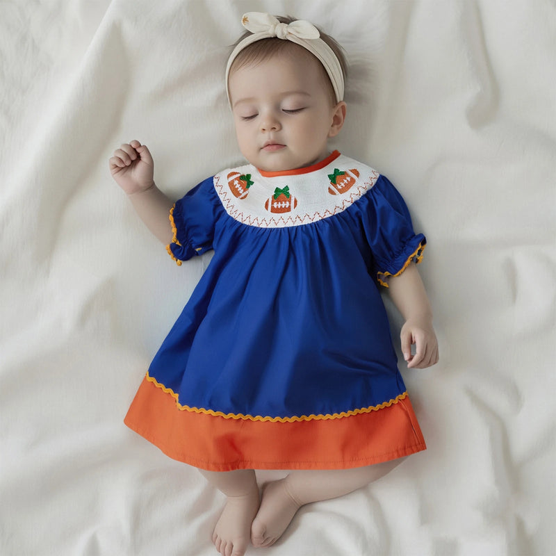 Football Mania Smocked Embroidered Dress - 3  Colors