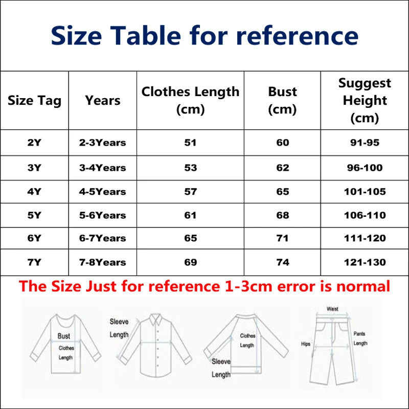 Size table reference for colorful girls dress, providing measurements for ages 2-7 years for the perfect fit.
