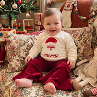 Toddler girls Christmas 2-piece set with Santa graphic pullover and red velvet bell bottom pants for cozy holiday wear.