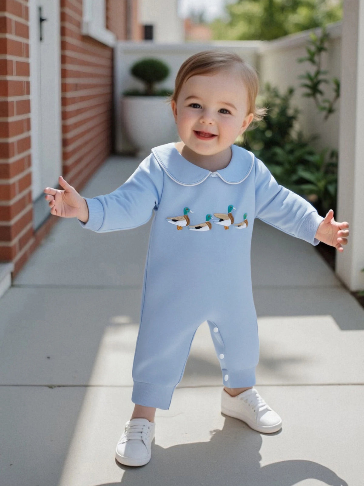 Little Ducks Preppy Boca Blue Romper for Babies - Long Sleeved with Peter Pan Collar