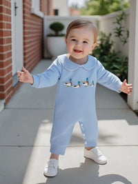 Little Ducks Preppy Boca Blue Romper for Babies - Long Sleeved with Peter Pan Collar