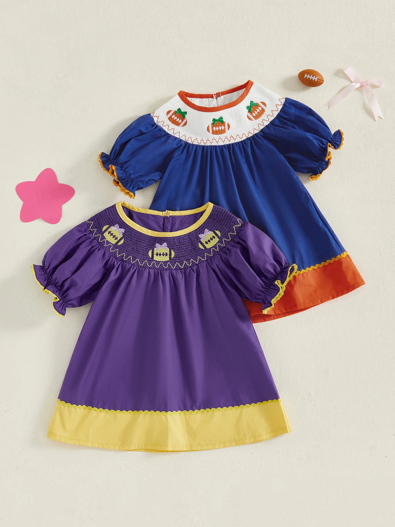 Football Mania Smocked Embroidered Dress - 3  Colors