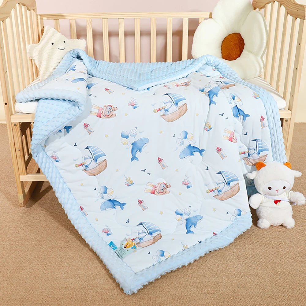 Quilted 120x150 cm nap blanket with raised dots; two-sided with blue panda/blue whale/pink bear/green elephant/purple rabbit.