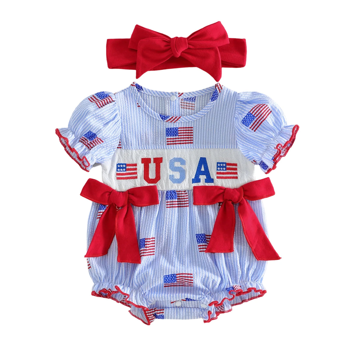 'Anna' American Flag Seersucker Romper with Adorable Bows and Headband - The Palm Beach Baby Estimated 12 - 18 Day Shipping