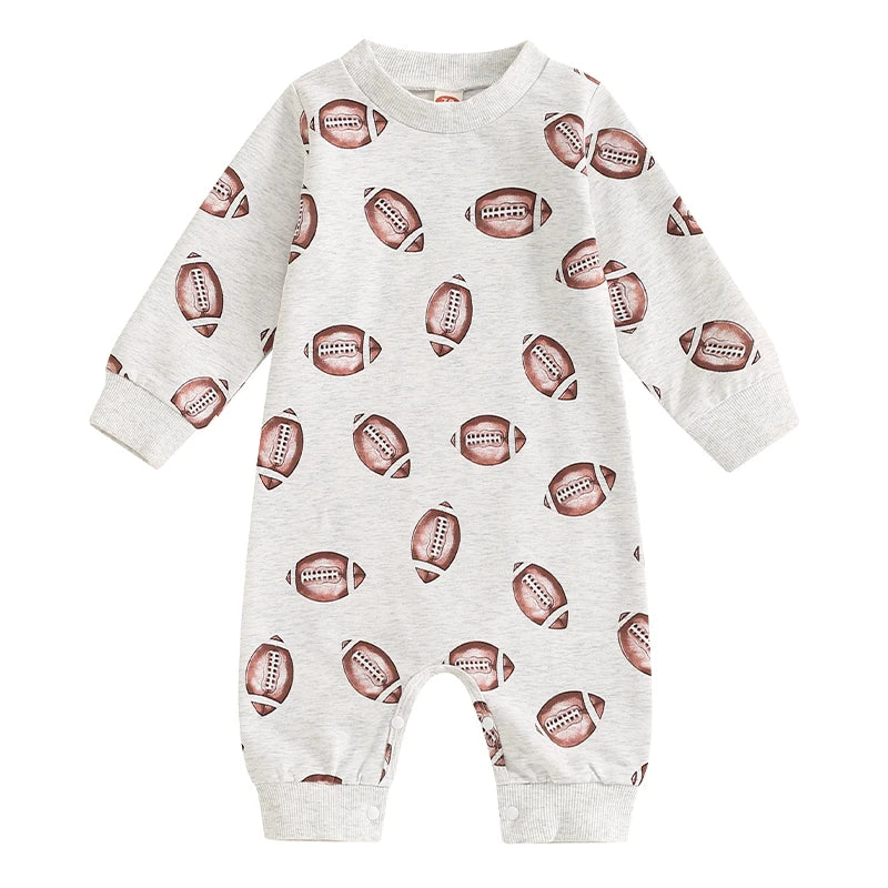 Front view of the Fun 'Football Cutie' Baby Romper With Football Print, an adorable outfit perfect for your little one.