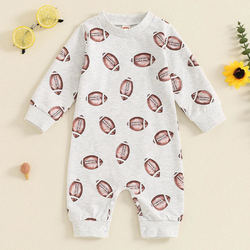 Fun 'Football Cutie' Baby Romper With Football Print, showcasing a playful design with football graphics on a trendy gray background.