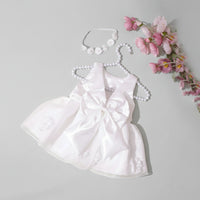 White satin infant dress with oversized bow and matching beaded headband; two-piece special-occasion set in 4 colors.