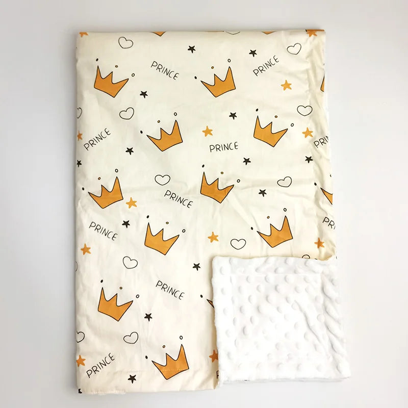 Soft minky baby blanket featuring golden crowns, stars, and "Prince" text. Ultra-soft, durable polyester-cotton blend, 100x75cm, perfect for nursery gifts.