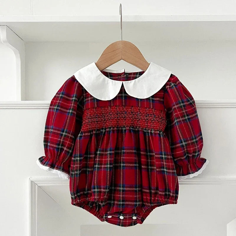 "Pamela Plaid" Smocked Long Sleeve Bubble - Classic Peter Pan Collar