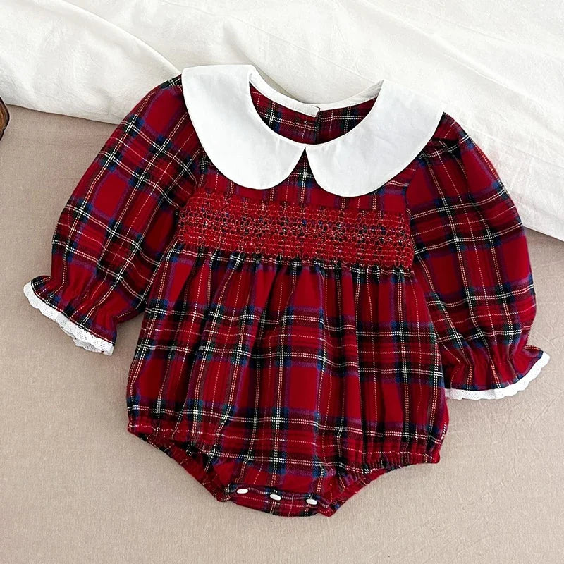 "Pamela Plaid" Smocked Long Sleeve Bubble - Classic Peter Pan Collar
