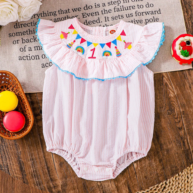 Front view of the Birthday Girl Romper featuring festive embroidery and a charming ruffled collar, perfect for birthdays and summer wear.