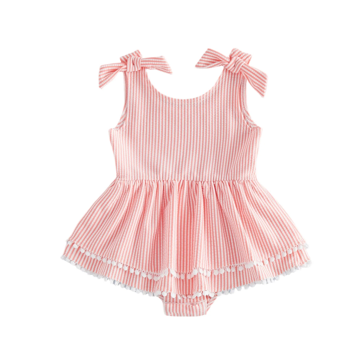 Pink seersucker stripe romper swimsuit for babies to toddlers with shoulder bows and tassel trim