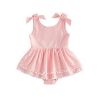 Pink seersucker stripe romper swimsuit for babies to toddlers with shoulder bows and tassel trim