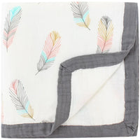 Two-layer bamboo cotton baby swaddle blanket with colorful feather pattern and gray border