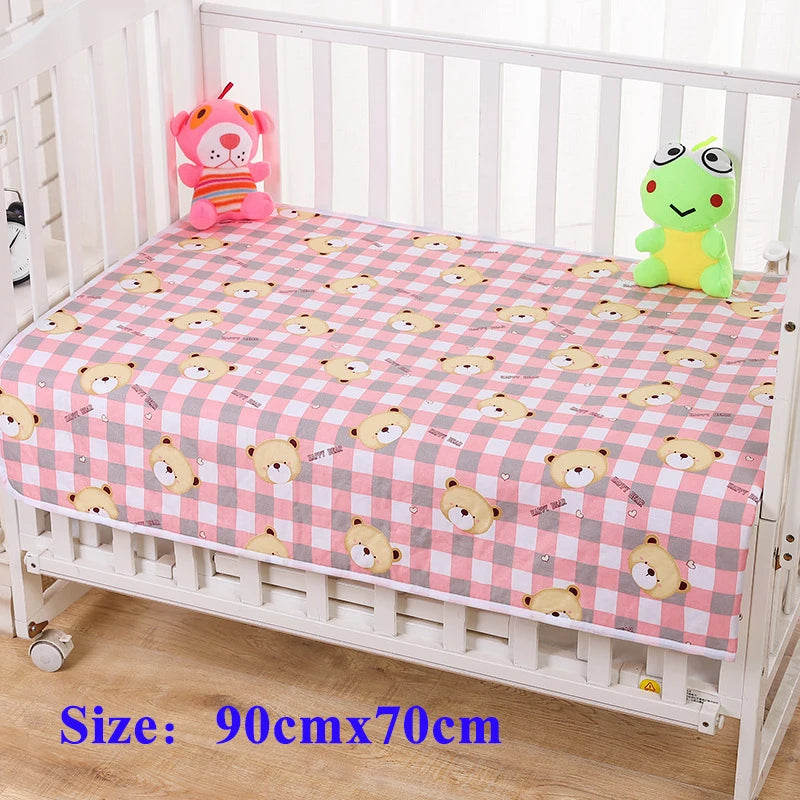 Childrens waterproof changing pad cover in pink plaid with bear faces, 90x70 cm, cotton