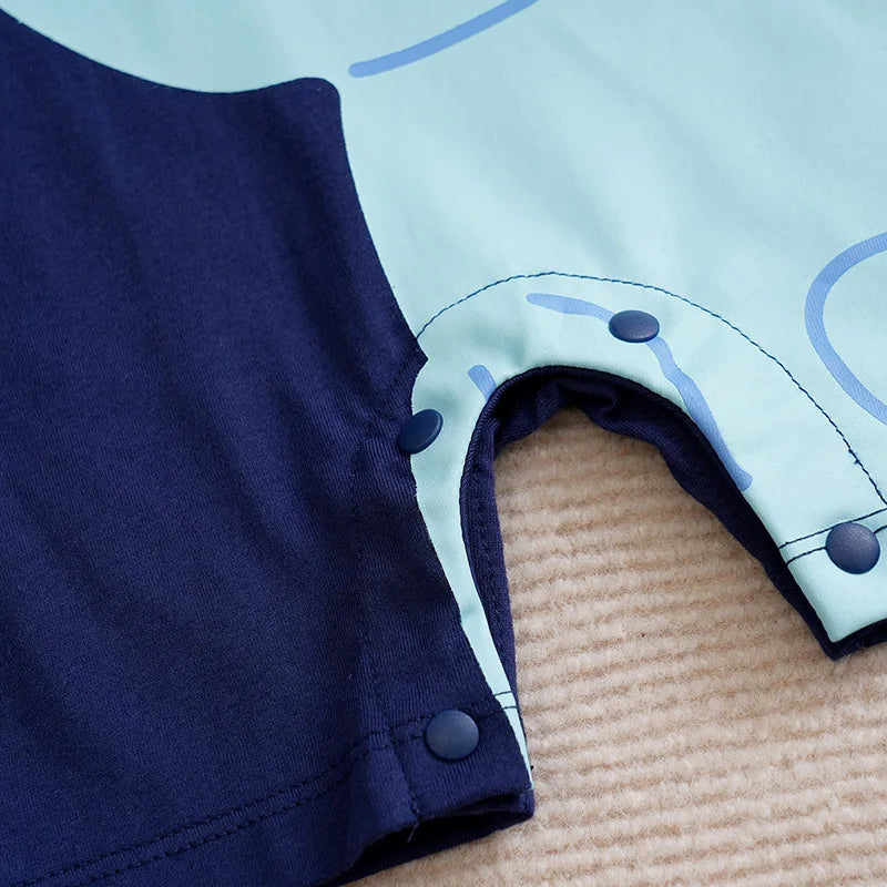 Detail of snaps on the 'Elephant Baby' romper for boys, made for easy diaper changes, a must-have baby romper for boys.