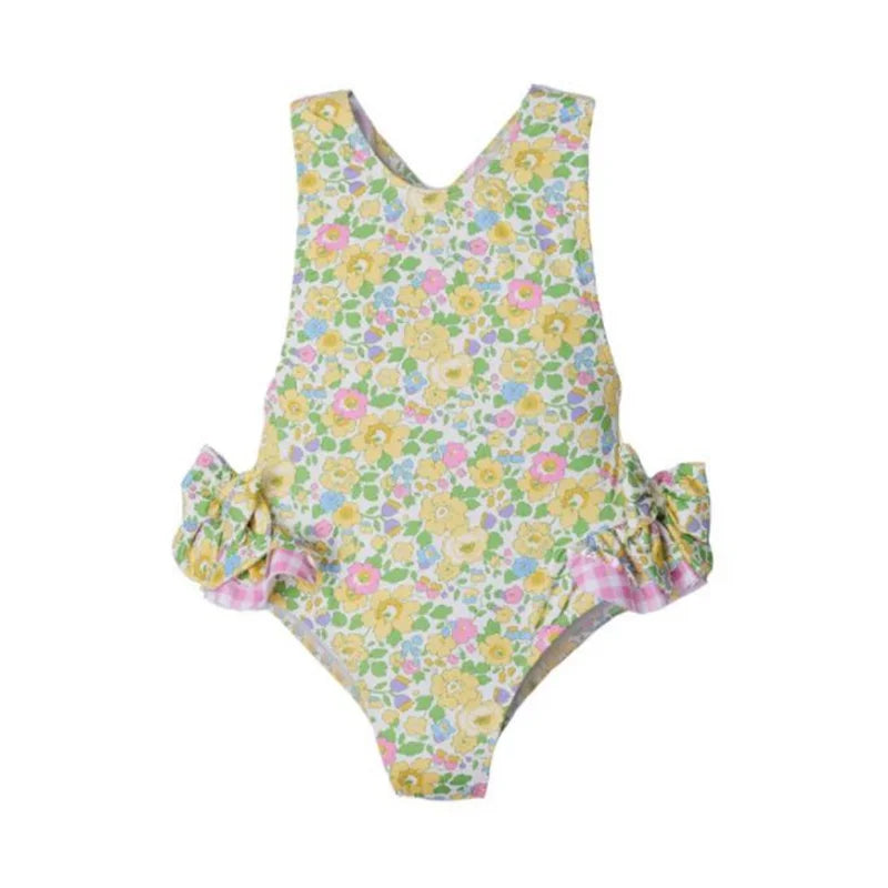 Floral design of the 'Little Hearts' Ruffled One Piece Girls Summer Swimsuit, perfect for beach outings and pool parties.