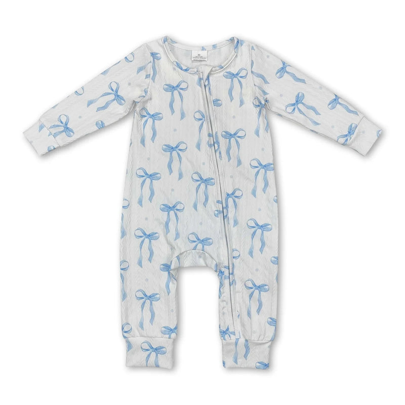 Full view of the Little Blue Bow zippered long sleeve romper in soft blue, ideal for babies and toddlers for comfort and style.