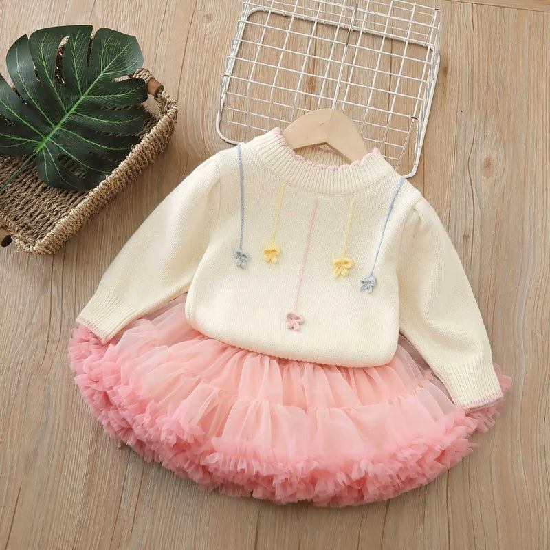 Little flowers Fluffy Tulle Skirt 2 PC Outfits  -  3 Colors