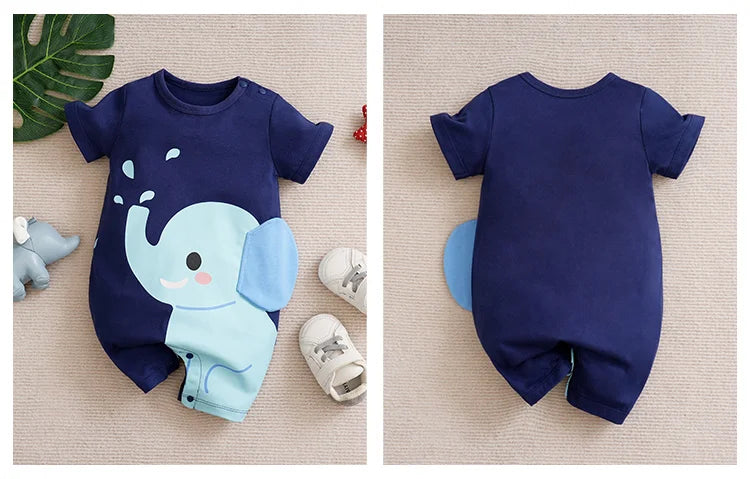 Back and front view of the adorable 'Elephant Baby' romper for boys 1-18 Months, highlighting its fun design, great baby romper for boys.