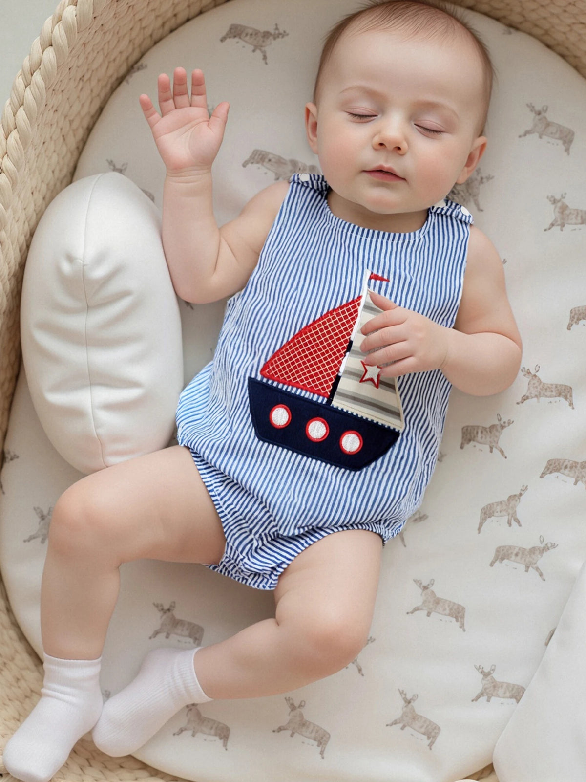 Little Sailboat Embroidered Boys Sleeveless Bubble - The Palm Beach Baby Estimated 12 - 20 Day Shipping