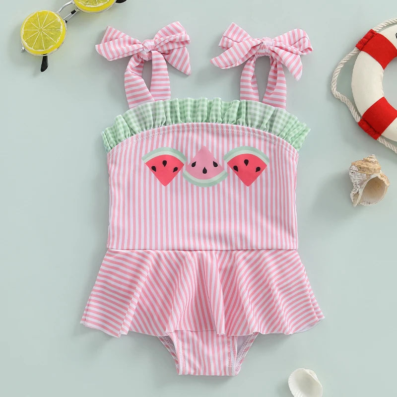 Watermelon Baby Cute One Piece Swimsuit for babies and toddlers with pink and white stripes and watermelon appliques.