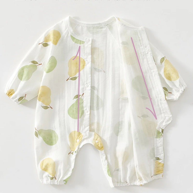 Fruity Tootie Lightweight Baby Romper displaying a charming pear print, featuring convenient front snaps, ideal for ages 0-1 year. A great lightweight baby romper for any outing.