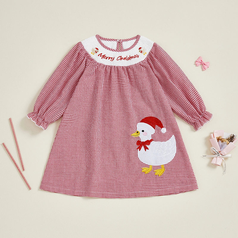 Merry Christmas, Ducky! Checked Smocked Dress featuring a whimsical Santa Duck embroidery on a red and white checkered fabric with bishop neckline and lantern sleeves.