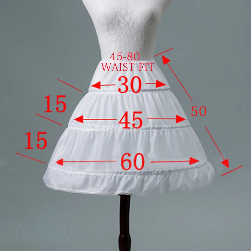 White children's petticoat crinoline underskirt, 6 styles and lengths for a full, elegant party or wedding skirt.